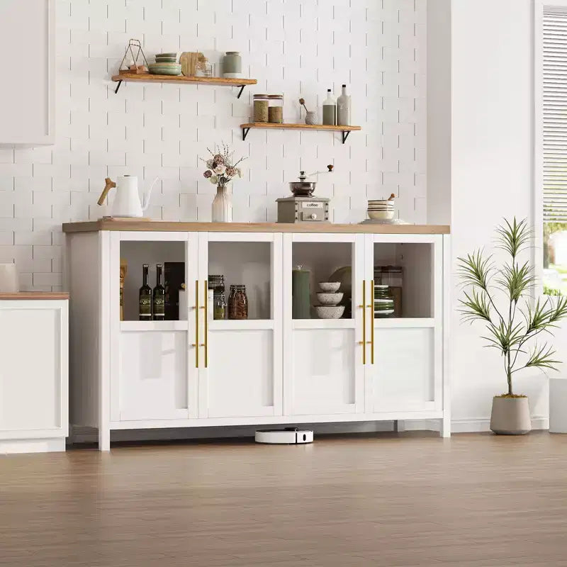 Grand buffet-bahut de 55" avec 4 portes vitrées et étagères, table de rangement de style ferme moderne pour cuisine, salle à manger, salon, couloir