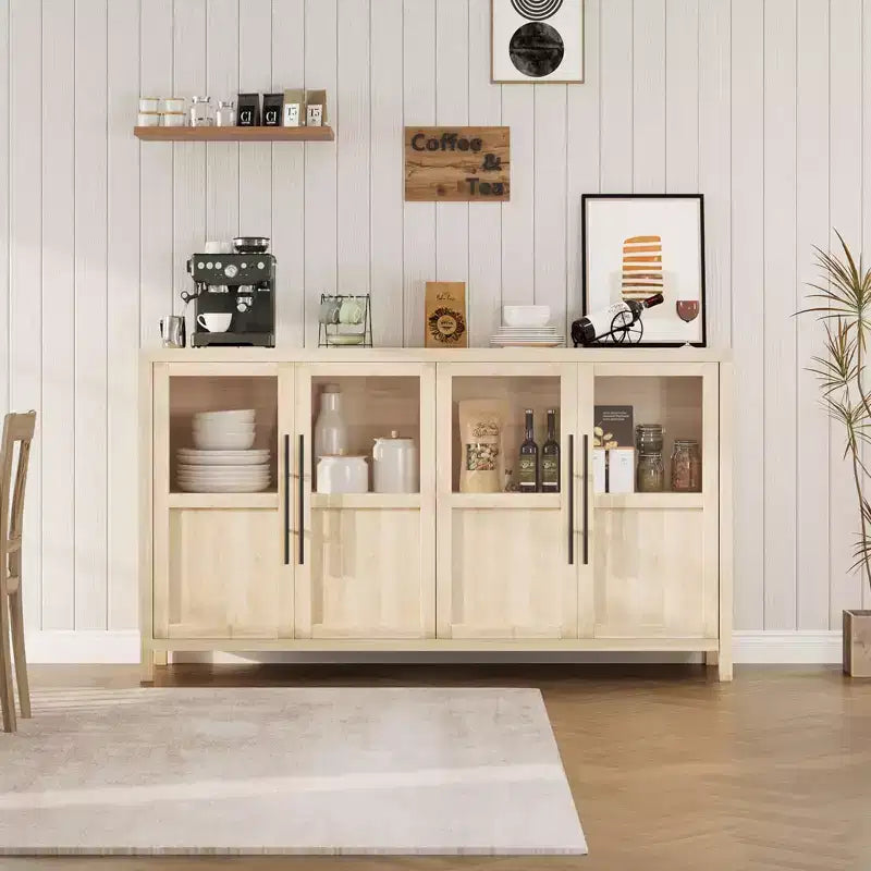 Grand buffet-bahut de 55" avec 4 portes vitrées et étagères, table de rangement de style ferme moderne pour cuisine, salle à manger, salon, couloir