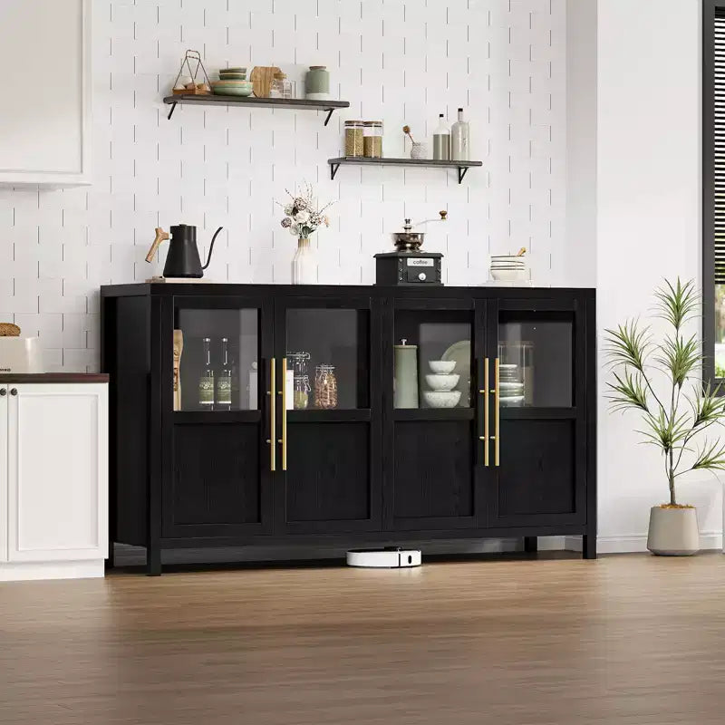 Grand buffet-bahut de 55" avec 4 portes vitrées et étagères, table de rangement de style ferme moderne pour cuisine, salle à manger, salon, couloir