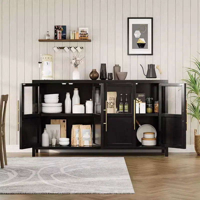 Grand buffet-bahut de 55" avec 4 portes vitrées et étagères, table de rangement de style ferme moderne pour cuisine, salle à manger, salon, couloir