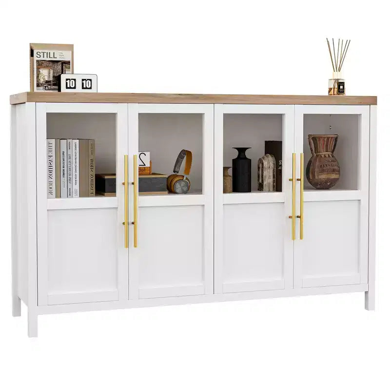 Grand buffet-bahut de 55" avec 4 portes vitrées et étagères, table de rangement de style ferme moderne pour cuisine, salle à manger, salon, couloir