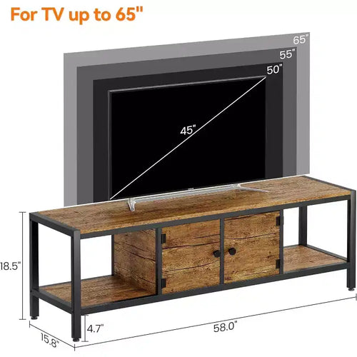 Meuble TV en bois de 58 pouces pour téléviseurs de 65 pouces, meuble de divertissement avec 2 armoires et étagères ouvertes, console multimédia de rangement pour salon