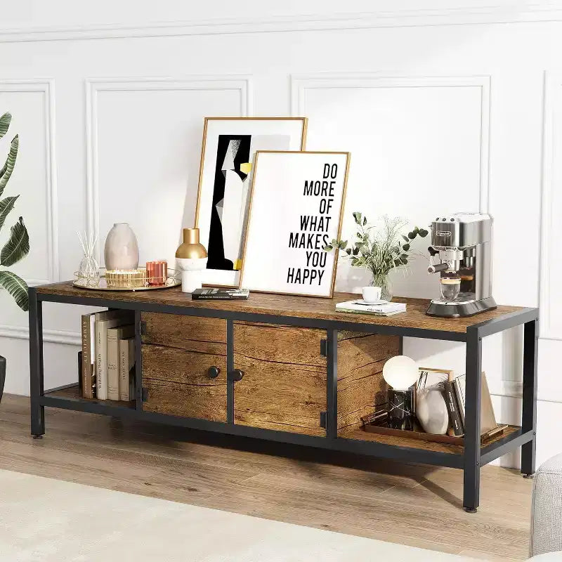 Meuble TV en bois de 58 pouces pour téléviseurs de 65 pouces, meuble de divertissement avec 2 armoires et étagères ouvertes, console multimédia de rangement pour salon