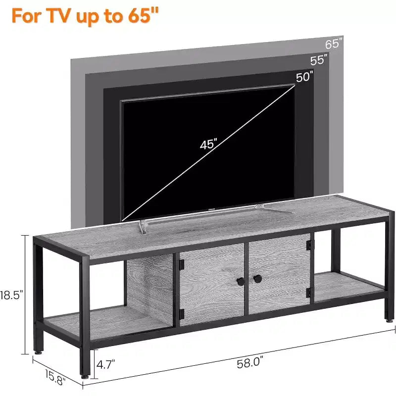Meuble TV en bois de 58 pouces pour téléviseurs de 65 pouces, meuble de divertissement avec 2 armoires et étagères ouvertes, console multimédia de rangement pour salon
