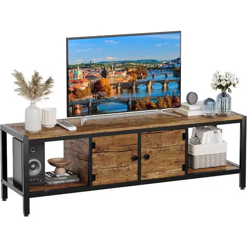 58-Inch Wood TV Stand for 65 TVs  Entertainment Center with 2 Cabinets & Open Shelves, Storage Media Console for Living Room