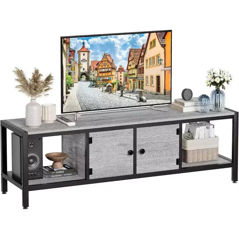 Meuble TV en bois de 58 pouces pour téléviseurs de 65 pouces, meuble de divertissement avec 2 armoires et étagères ouvertes, console multimédia de rangement pour salon