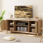 Meuble TV Bohème en Rotin et Chêne de 75 po, Centre de Divertissement à 2 Niveaux avec Étagères Réglables, Meuble Médias pour Salon/Chambre