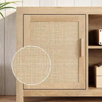 Meuble TV Bohème en Rotin et Chêne de 75 po, Centre de Divertissement à 2 Niveaux avec Étagères Réglables, Meuble Médias pour Salon/Chambre