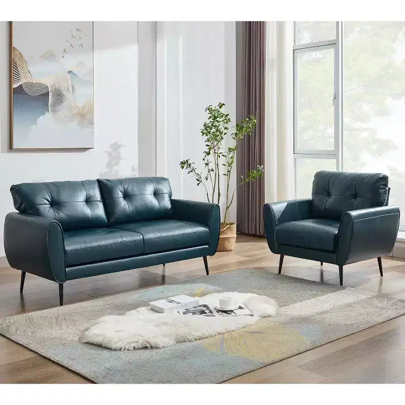 TYBOATLE 61 Causeuse/Canapé d'Angle et Fauteuil Capitonnés Mid-Century Modern, Ensemble Canapé de Luxe en Similicuir pour Salon, Chambre ou Bureau