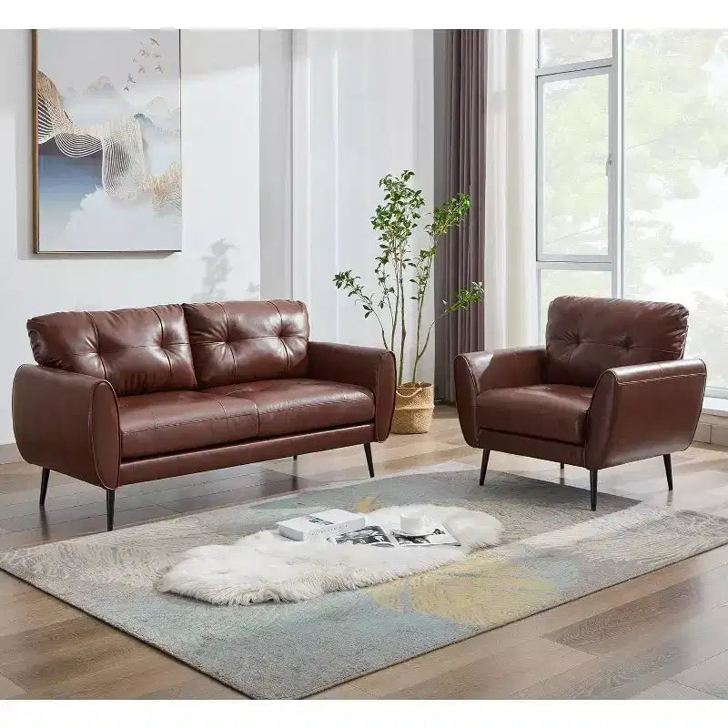 TYBOATLE 61 Causeuse/Canapé d'Angle et Fauteuil Capitonnés Mid-Century Modern, Ensemble Canapé de Luxe en Similicuir pour Salon, Chambre ou Bureau