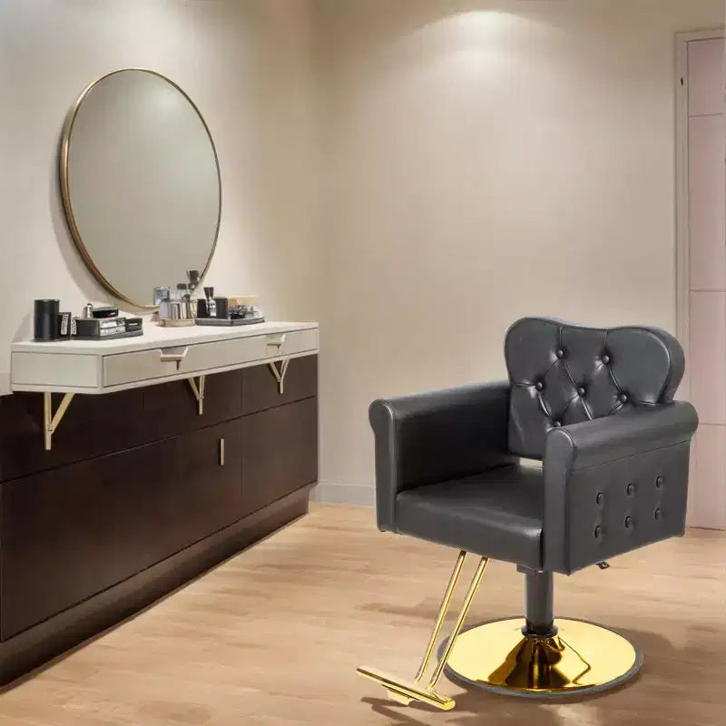 Fauteuil de salon de coiffure pivotant hydraulique robuste Karl Home Black Gold avec capitonnage à boutons
