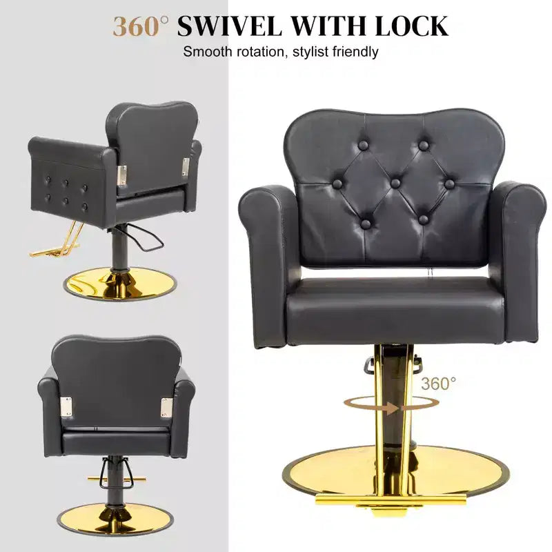 Fauteuil de salon de coiffure pivotant hydraulique robuste Karl Home Black Gold avec capitonnage à boutons