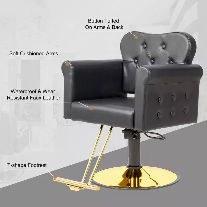 Fauteuil de salon de coiffure pivotant hydraulique robuste Karl Home Black Gold avec capitonnage à boutons