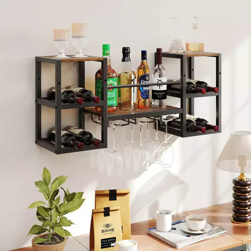 Costway Casier à vin mural à 3 niveaux avec porte-verres, étagère ouverte de rangement pour le vin, marron