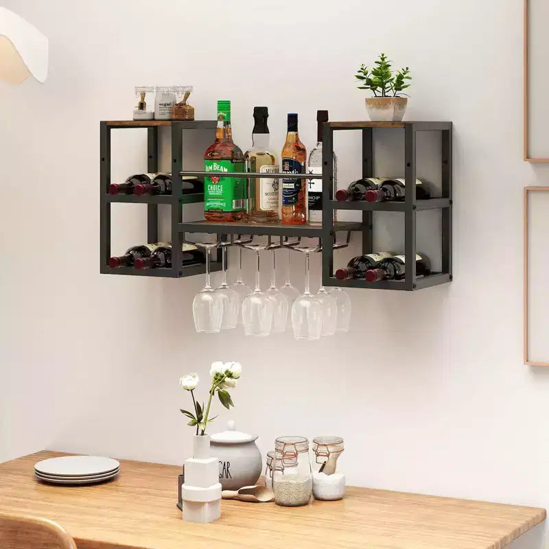 Costway Casier à vin mural à 3 niveaux avec porte-verres, étagère ouverte de rangement pour le vin, marron