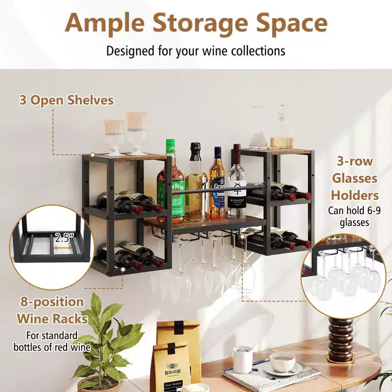 Costway Casier à vin mural à 3 niveaux avec porte-verres, étagère ouverte de rangement pour le vin, marron