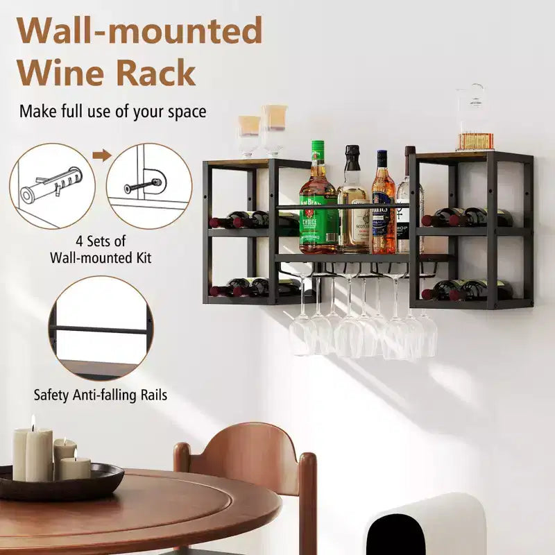 Costway Casier à vin mural à 3 niveaux avec porte-verres, étagère ouverte de rangement pour le vin, marron