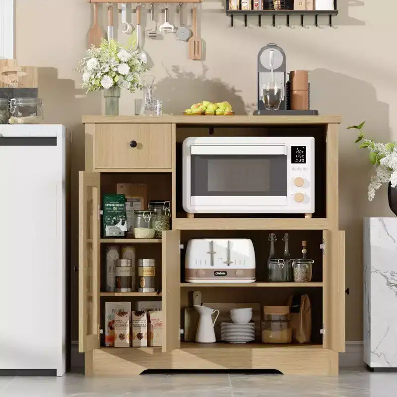 Meuble Micro-ondes de Cuisine avec Rangement, Buffet avec 3 Portes, 1 Tiroir et Étagères Réglables, Meuble de Rangement pour Cellier, Naturel ?
