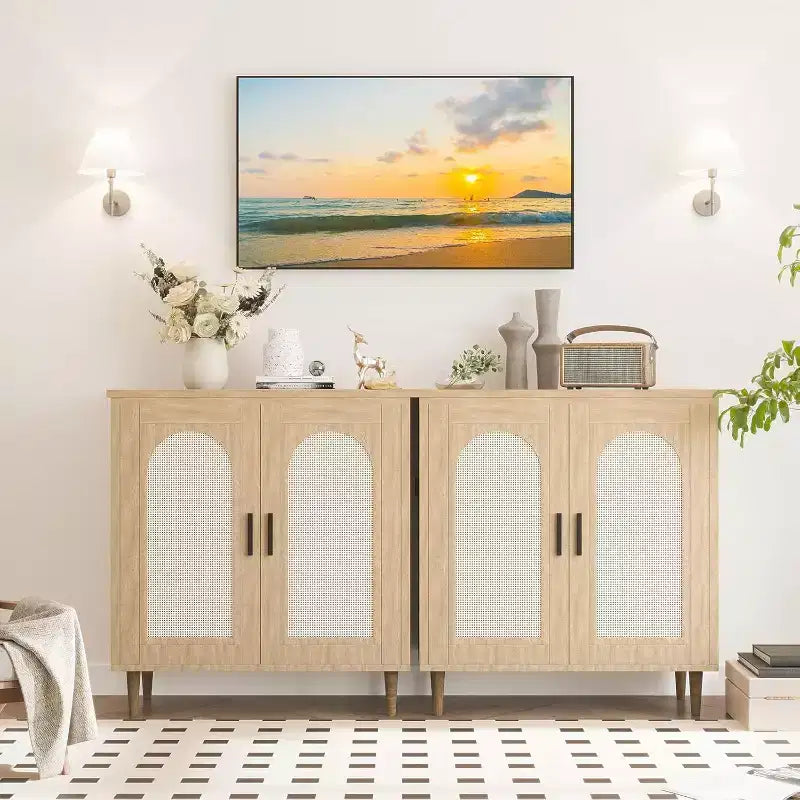 Bahut de rangement de cuisine avec rotin, pieds en bois massif pour salon, couloir