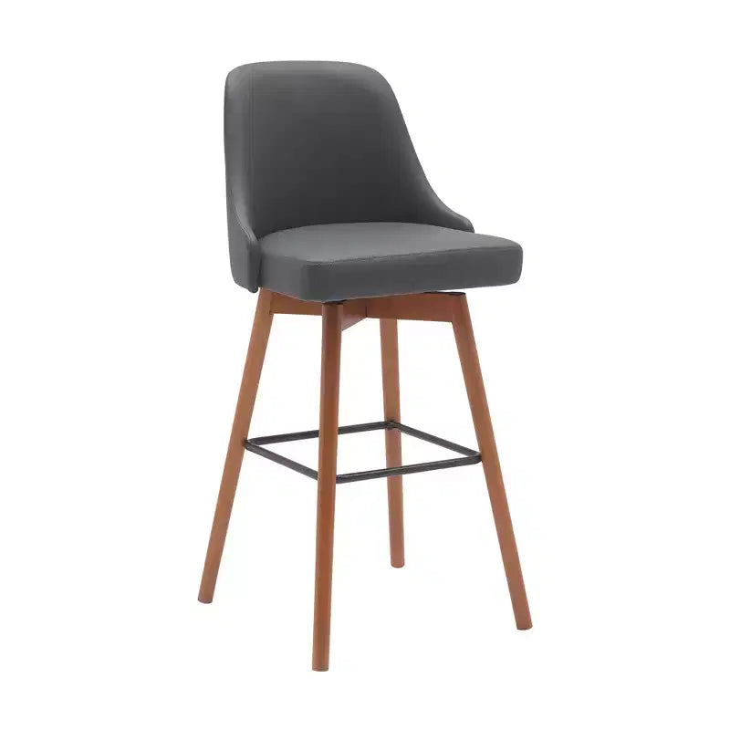 HomeRoots 30 Gray and Wood Brown Faux Leather with Solid Wood Swivel Bar Height Bar Chair