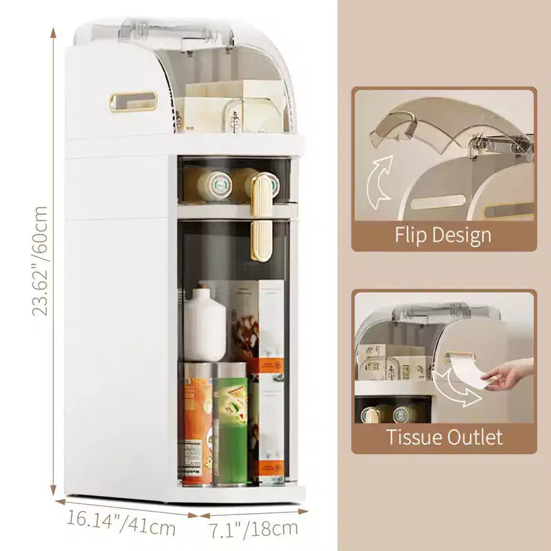 Meuble de rangement étroit en plastique moderne, organisateur de rangement de salle de bain fin et étanche avec tiroirs, blanc crème avec accents noirs transparents