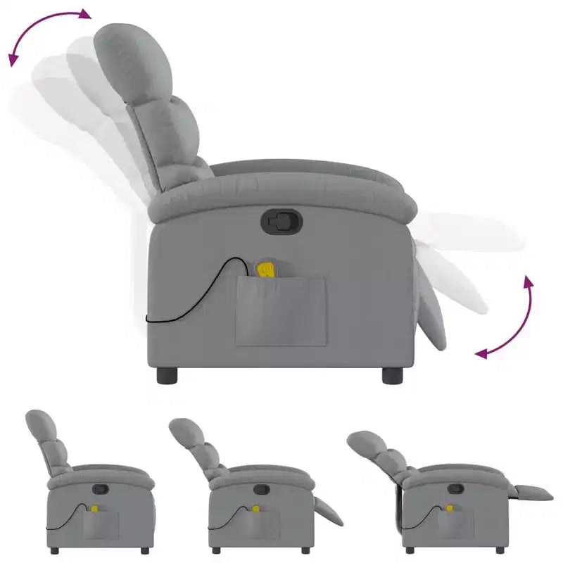 Fauteuil inclinable de massage vidaXL – Réglage manuel, tissu gris clair, massage par vibrations, alimenté par USB, pochette latérale, accoudoirs rembourrés