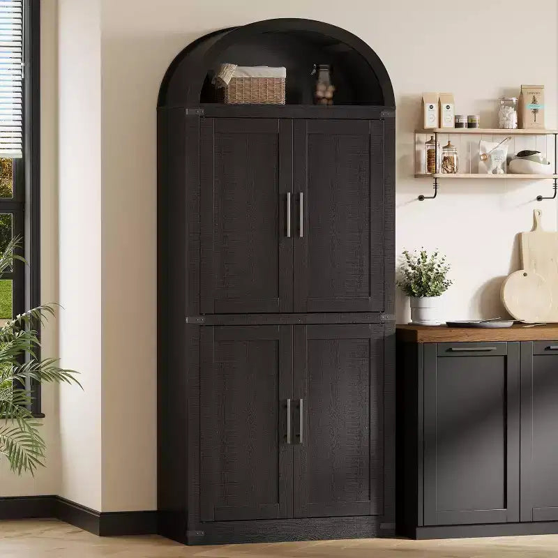 Étagère voûtée de 72 po avec 4 portes - Bibliothèque de style moderne champêtre avec étagère ouverte pour salon et chambre à coucher (noir)