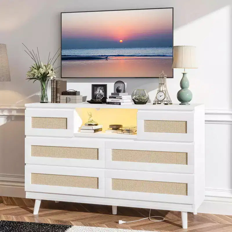 Commode en rotin à 6 tiroirs, commode durable en bois naturel, 6 tiroirs, meuble TV, armoire de rangement pour chambre d'enfant, entrée, chambre à coucher, couloir