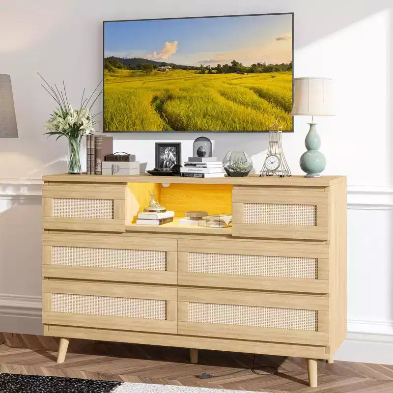 Commode en rotin à 6 tiroirs, commode durable en bois naturel, 6 tiroirs, meuble TV, armoire de rangement pour chambre d'enfant, entrée, chambre à coucher, couloir
