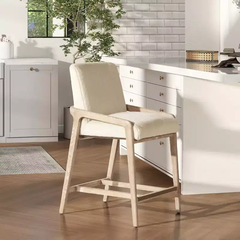 Tabouret de comptoir rembourré Jennifer Taylor Home Arizona 25,5 en bois de frêne massif avec détail en corde, fausse fourrure blanche Crème de la Crème