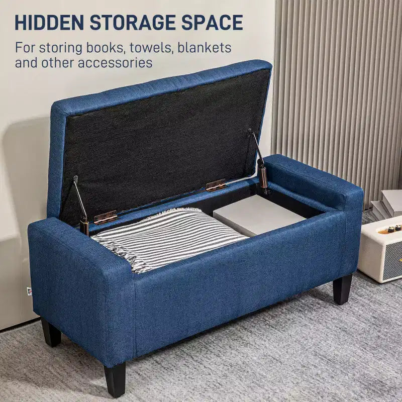 Banc ottoman de rangement capitonné en lin Zeus & Ruta, avec couvercle relevable, pour salon ou chambre à coucher, bleu foncé