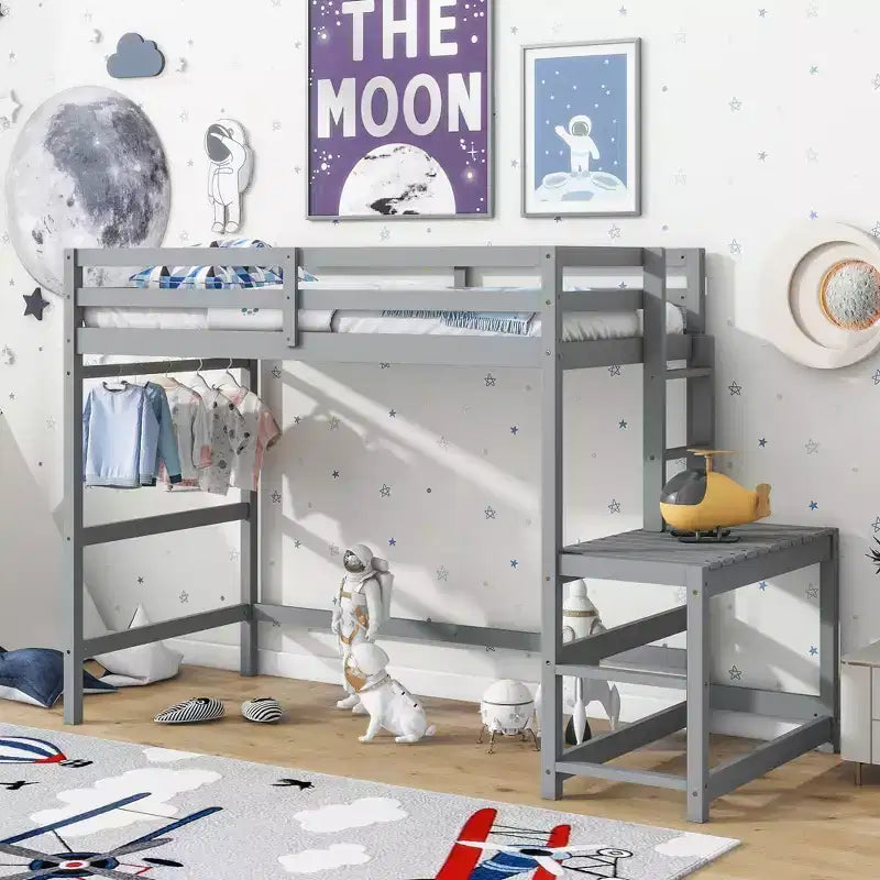 Lit mezzanine double haut MAYEERTY avec échelle et plateforme d'accès, gris