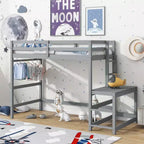 Lit mezzanine double haut MAYEERTY avec échelle et plateforme d'accès, gris