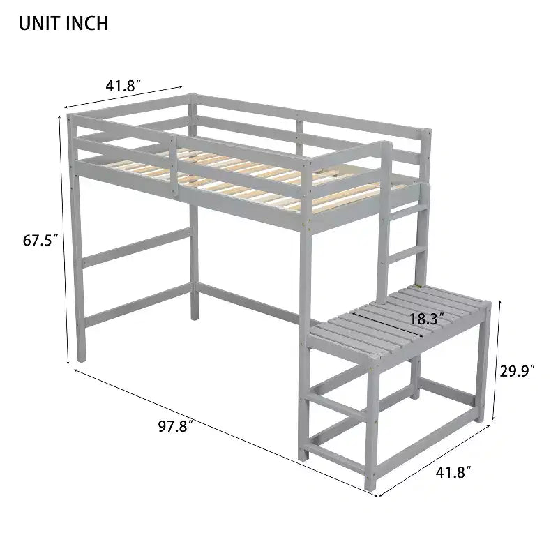 Lit mezzanine double haut MAYEERTY avec échelle et plateforme d'accès, gris