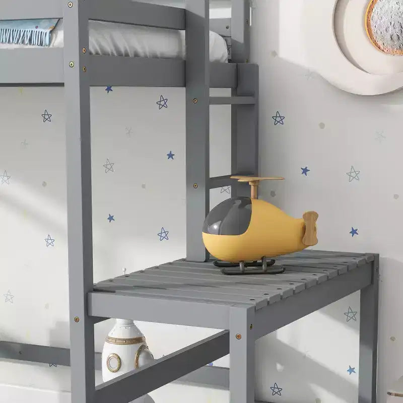 Lit mezzanine double haut MAYEERTY avec échelle et plateforme d'accès, gris
