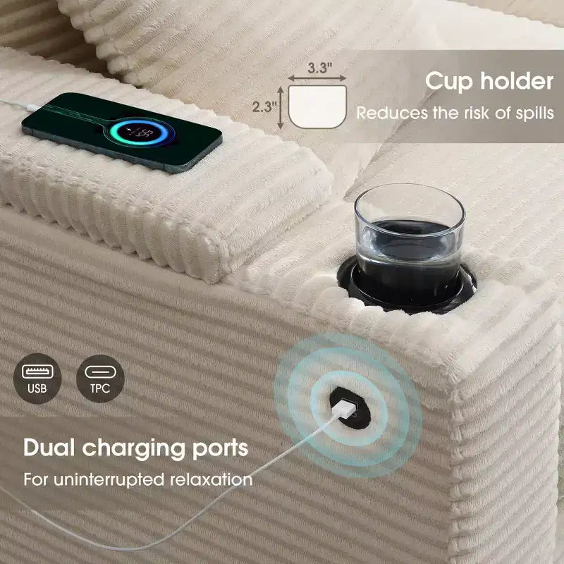 Canapé sectionnel d'angle en L surdimensionné Whisen, canapé d'angle en velours côtelé avec rangement dans l'accoudoir, porte-gobelets, chargeur USB