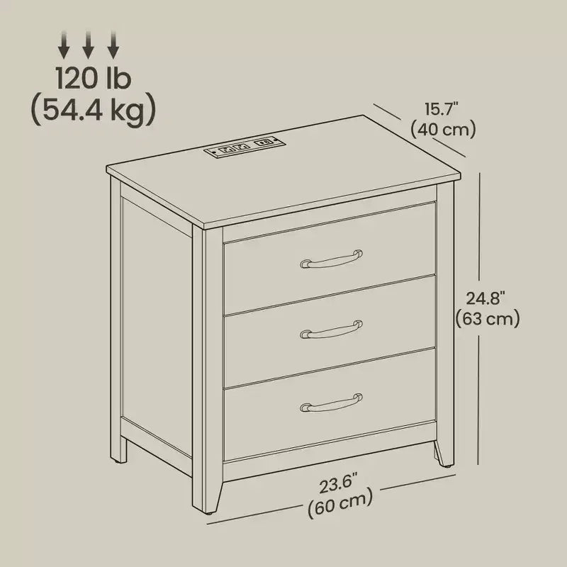 Table de chevet de ferme avec station de recharge - Table de nuit à 3 tiroirs avec ports USB