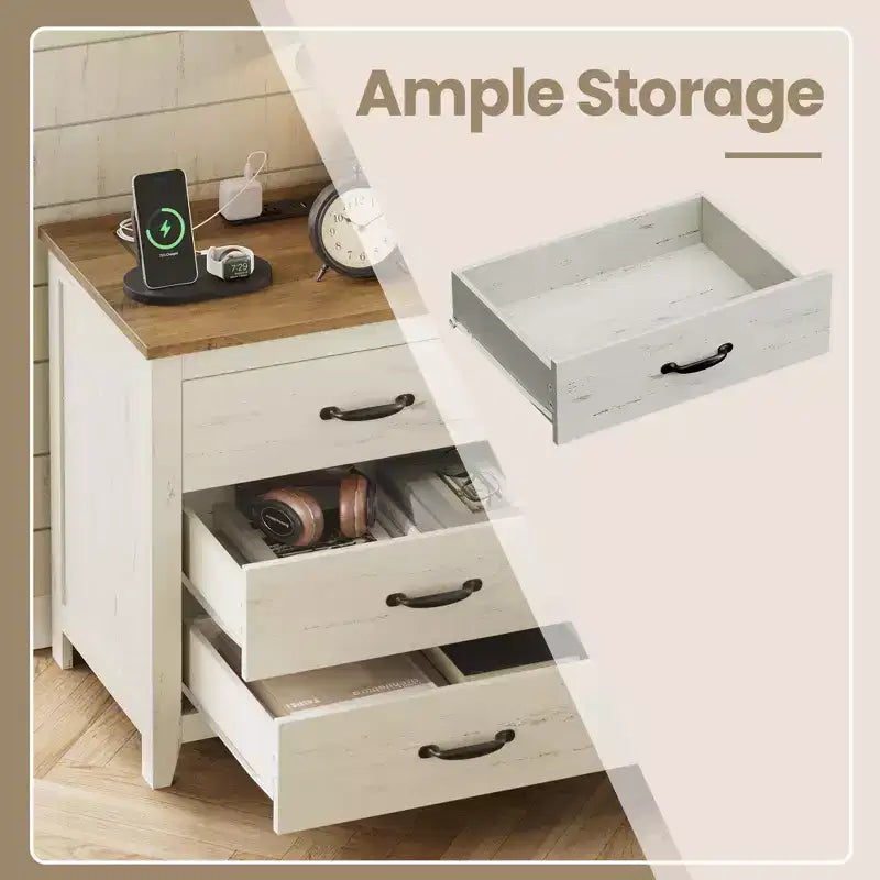 Table de chevet de ferme avec station de recharge - Table de nuit à 3 tiroirs avec ports USB