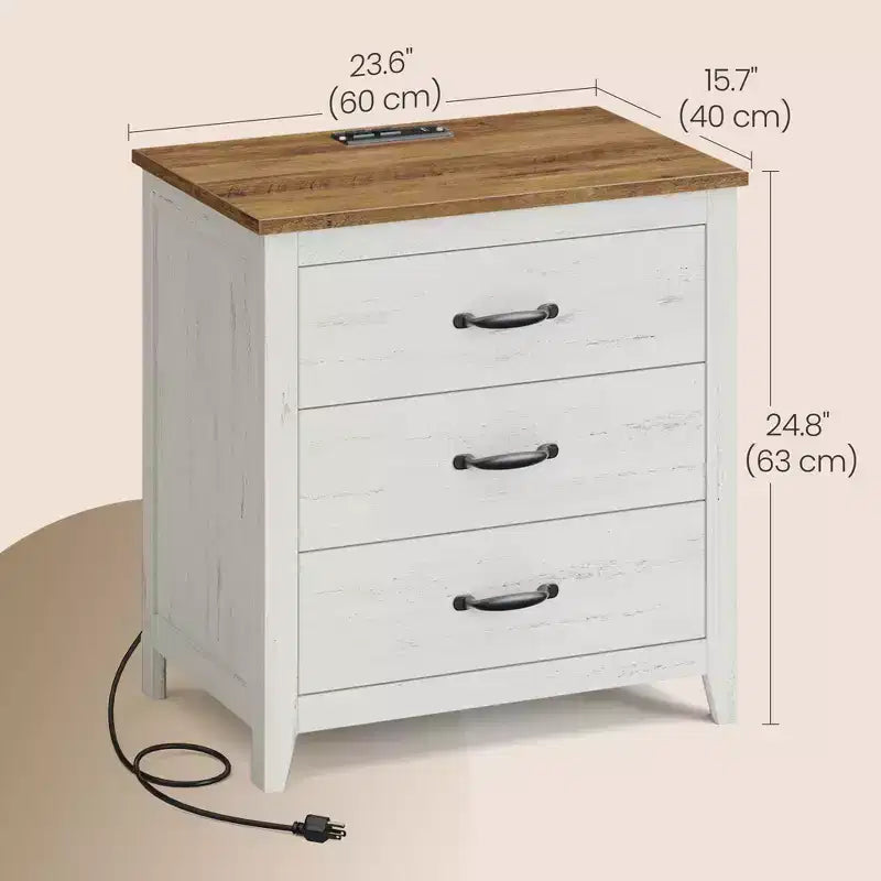 Table de chevet de ferme avec station de recharge - Table de nuit à 3 tiroirs avec ports USB