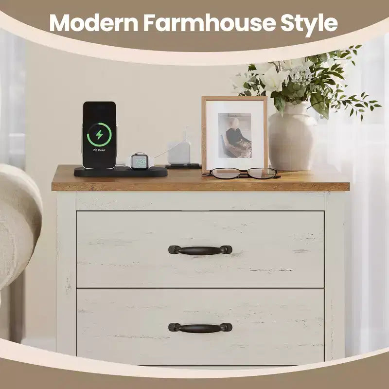 Table de chevet de ferme avec station de recharge - Table de nuit à 3 tiroirs avec ports USB