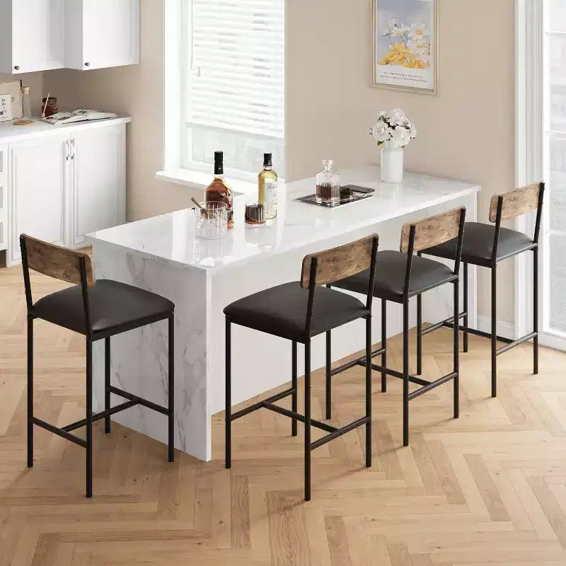 Lot de tabourets de bar, tabourets de bar rembourrés avec pieds en métal, repose-pieds et dossier, assise en PU, chaises hauteur cuisine