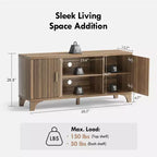 Meuble TV scandinave pour téléviseur 65 pouces avec portes à fermeture amortie, finition noyer