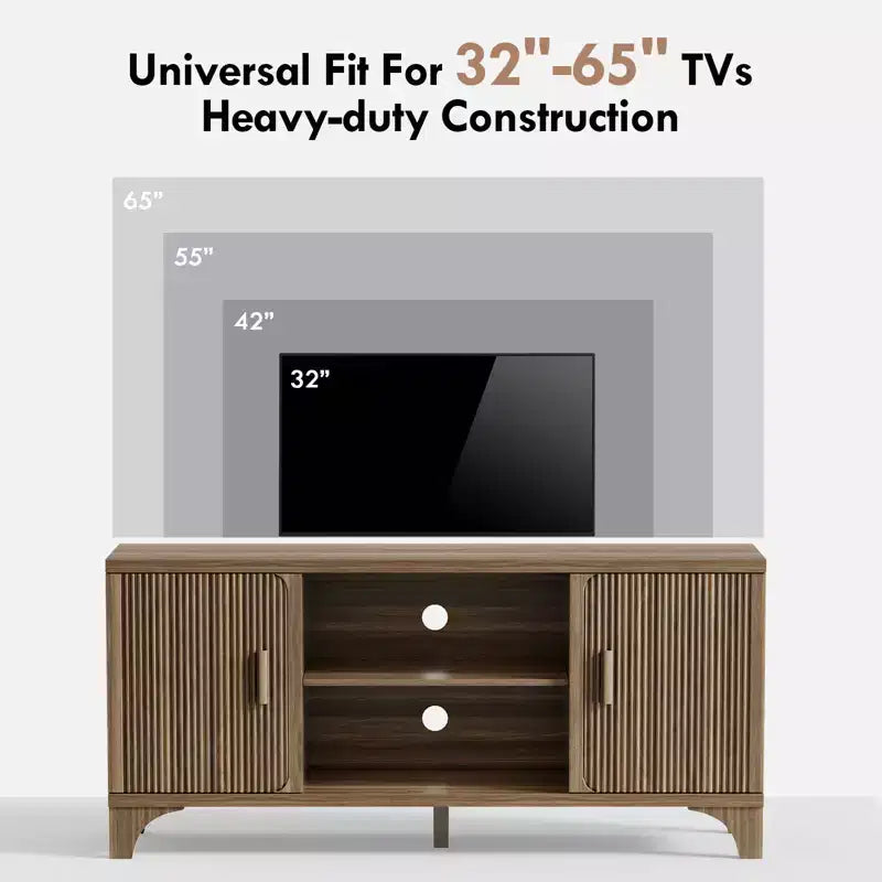 Meuble TV scandinave pour téléviseur 65 pouces avec portes à fermeture amortie, finition noyer