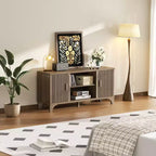Meuble TV scandinave pour téléviseur 65 pouces avec portes à fermeture amortie, finition noyer