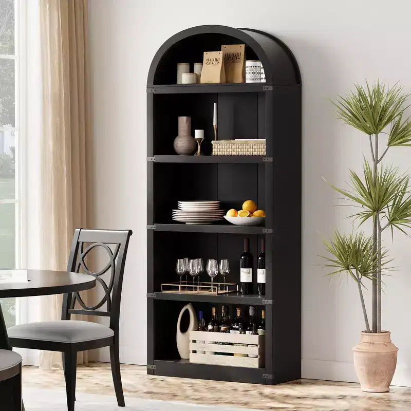 GustoWave Étagère à Livres Cintrée à 5 Niveaux, Bibliothèque Haute de 182 cm, Étagère de Rangement Style Ferme, Noir