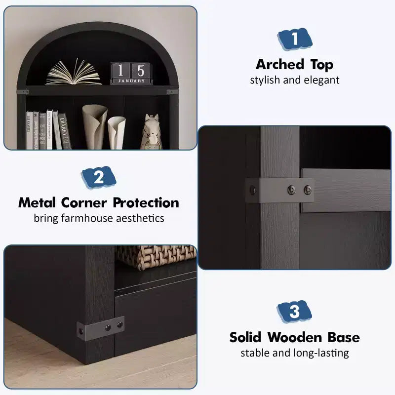 GustoWave Étagère à Livres Cintrée à 5 Niveaux, Bibliothèque Haute de 182 cm, Étagère de Rangement Style Ferme, Noir