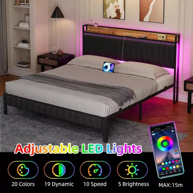 Cadre de lit CuisinSmart avec station de recharge, cadre de lit LED avec tête de lit de rangement, cadre de lit plateforme rembourré, aucun sommier tapissier requis