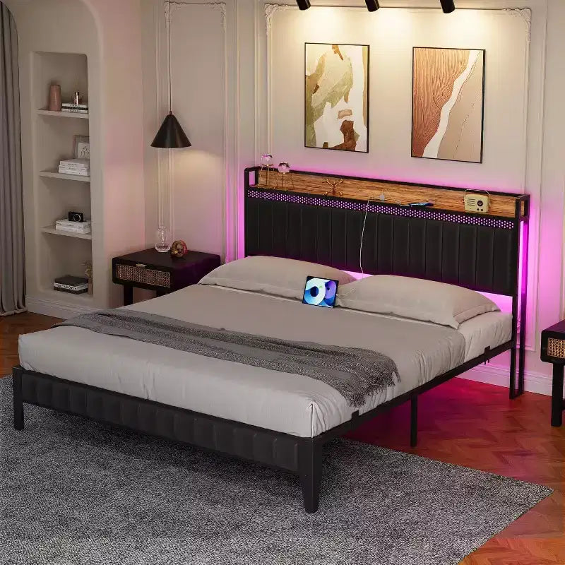 Cadre de lit CuisinSmart avec station de recharge, cadre de lit LED avec tête de lit de rangement, cadre de lit plateforme rembourré, aucun sommier tapissier requis