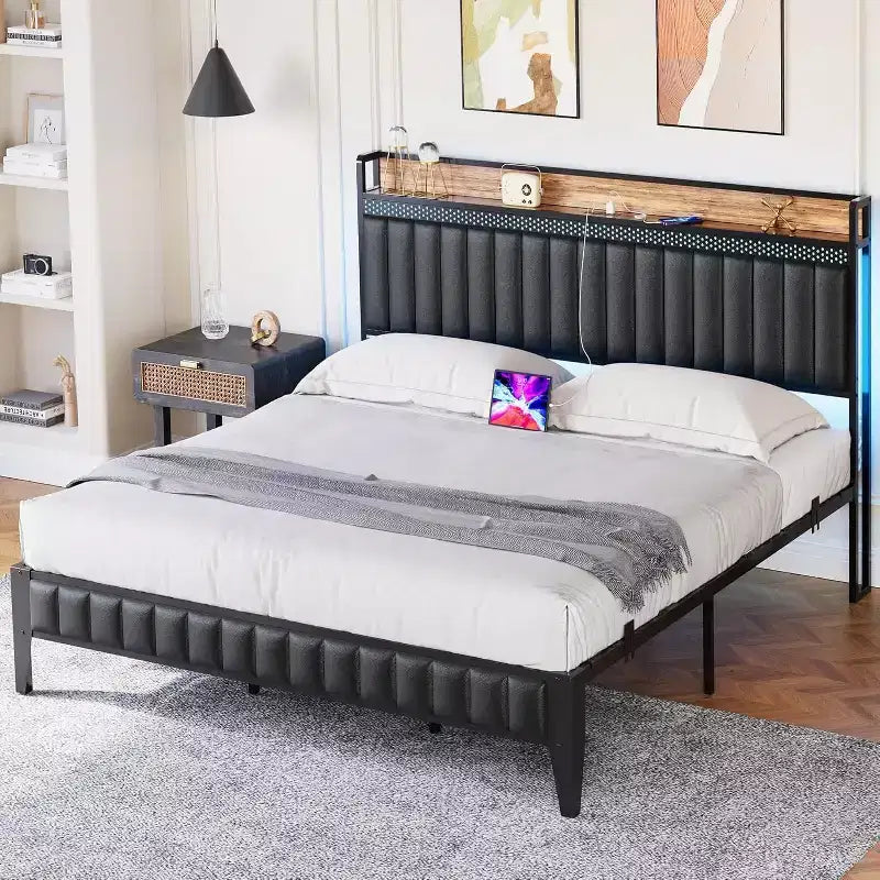 Cadre de lit CuisinSmart avec station de recharge, cadre de lit LED avec tête de lit de rangement, cadre de lit plateforme rembourré, aucun sommier tapissier requis