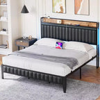 Cadre de lit CuisinSmart avec station de recharge, cadre de lit LED avec tête de lit de rangement, cadre de lit plateforme rembourré, aucun sommier tapissier requis